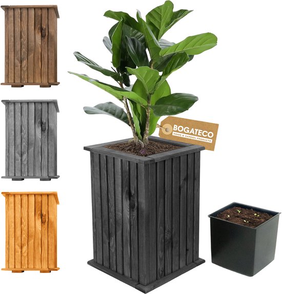 Bac à fleurs en bois BOGATECO | Bac à plantes | Pot de fleurs 40 x 25 x 25 cm | Pot d'herbes aromatiques pour la maison, le jardin, le balcon et la terrasse | Pot avec insert en plastique | Étanchéité | Noir