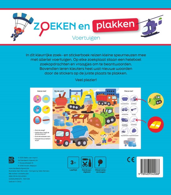 Zoeken en plakken Voertuigen: Een scène met bouwvakkers en voertuigen, met links een zoekopdracht en rechts stickers van voertuigen.