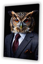 Stijlvolle uil in pak - Uil wanddecoratie - Canvas schilderij dier - Surrealistisch - Woonkamer decoratie industrieel - Slaapkamer muurdecoratie - canvas 60x90 cm