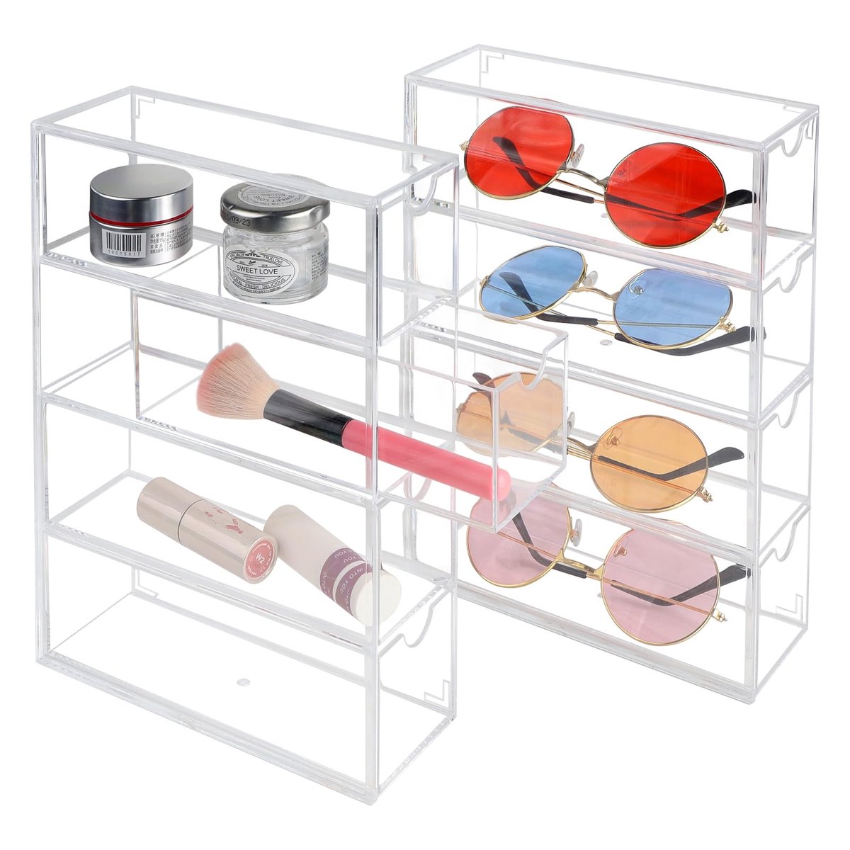 Ibenzoa® Transparante Acryl Organizer voor Brillen en Accessoires, 2 Stuks met 8 Laden, Stapelbaar en Multifunctioneel
