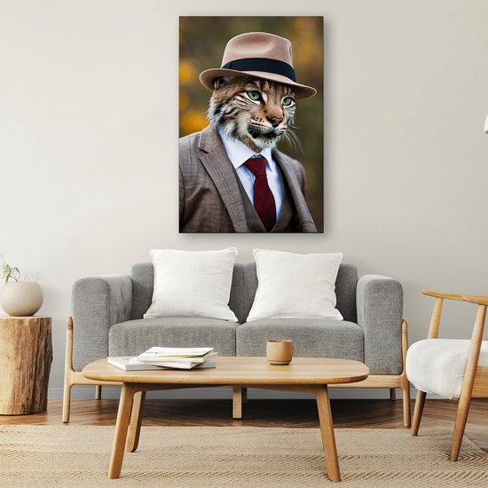 Lynx met hoed en pak - Lynx muurdecoratie - Schilderijen canvas dier - Surrealistisch - Landelijk schilderij - Schilderijen & posters - canvas 100x150 cm