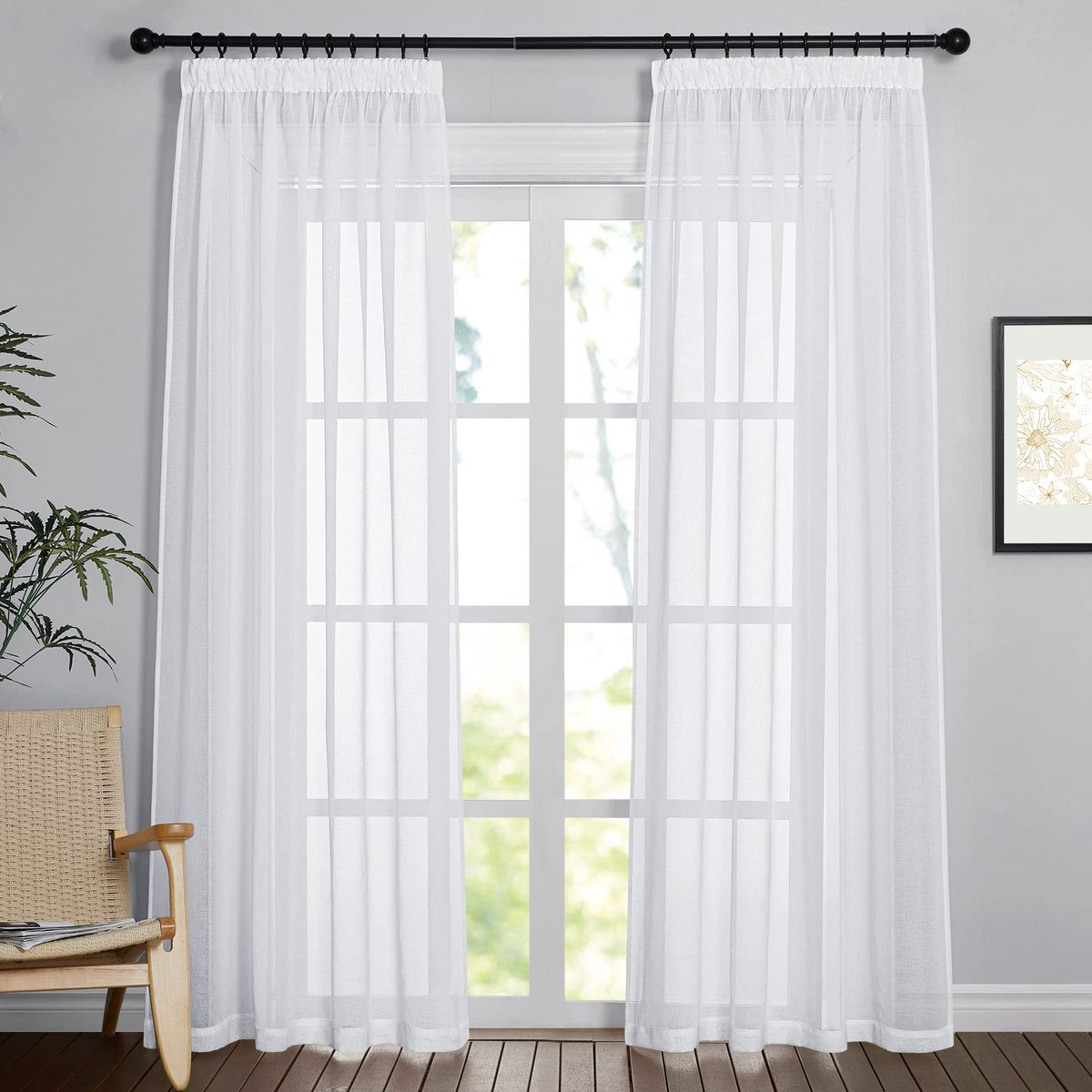 Ibenzoa Elegant Witte Transparante Gordijnen met Linnenlook voor Elke Kamer, Set van 2 Stuks, 200x140 cm