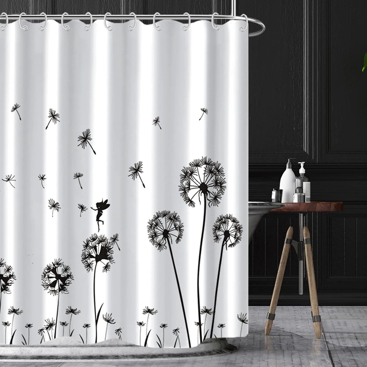 Douchegordijn met Paardebloem Design - Waterdicht - 1 stuk - Zwart/Wit - 180 x 200 cm