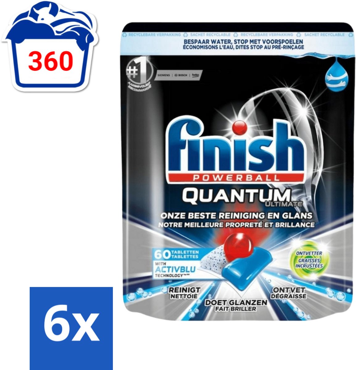 Finish Powerball - Quantum Ultimate - Vaatwastabletten - Ontvetter - 60 Tabletten - Voordeelverpakking - 6 stuks