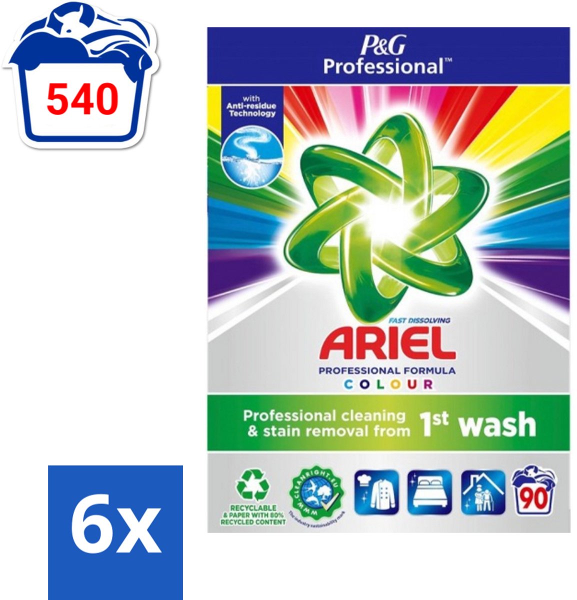 Ariel Professional - Waspoeder - Gekleurde Was - 90 Wasbeurten - Voordeelverpakking - 6 stuks