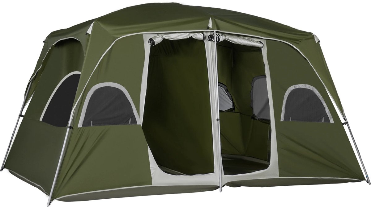 Gezinstent met 2 Slaapkamers - 400x275x210 cm Groene Tent - Waterdicht - UV-bestendig - Flexibele Glasvezel Stokken - 4-8 Personen