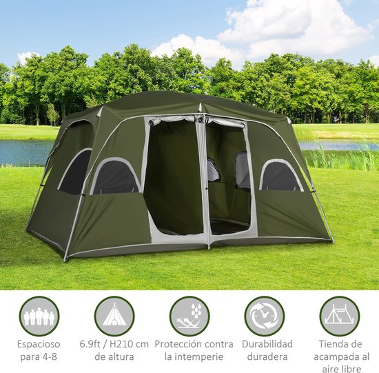 Gezinstent met 2 Slaapkamers - 400x275x210 cm Groene Tent - Waterdicht - UV-bestendig - Flexibele Glasvezel Stokken - 4-8 Personen — afbeelding 3