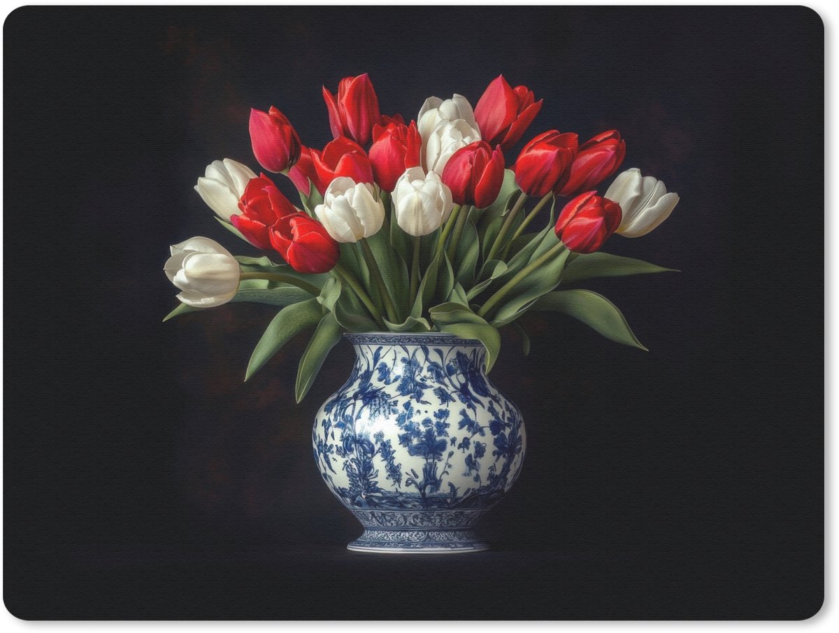 Muismat 23x19 cm - Mousepad Rode - Bloemen - Tulpen - Vaas - Muismatten