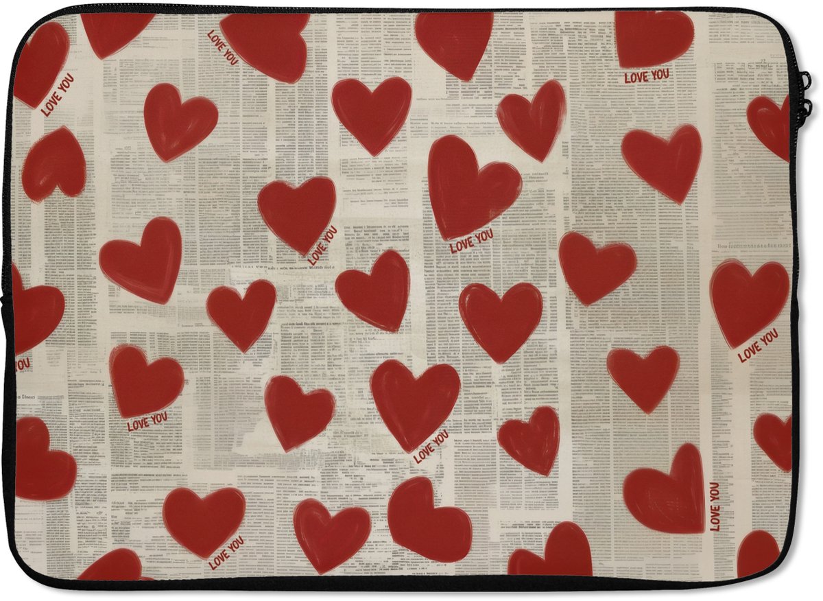 Laptophoes 14 inch - Hartjes - Krant - Loveyou - Laptop sleeve - Binnenmaat 33x23 cm - Zwarte achterkant