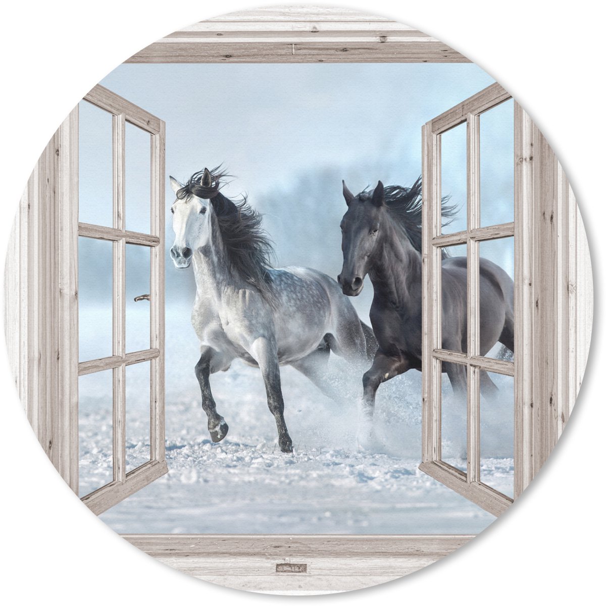 Muismat rond 50x50 cm - Mousepad Doorkijk - Paarden - Winter - Dieren - Natuur - Wit - Ronde muismatten
