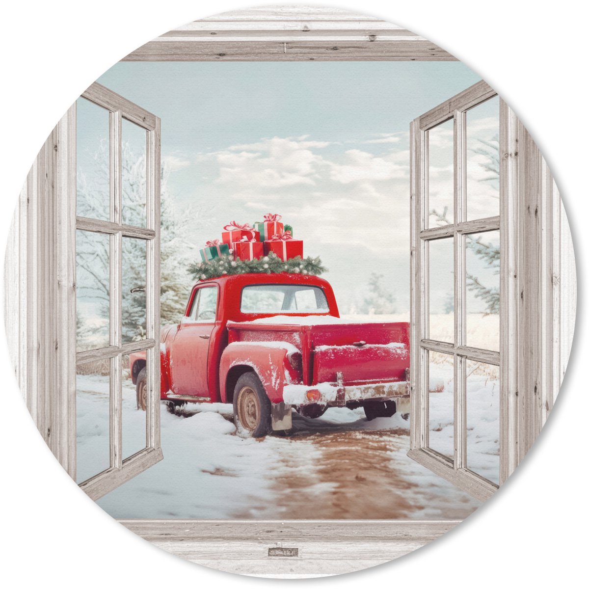 Muismat rond 30x30 cm - Mousepad Auto - Rood - Cadeaus - Winter - Kerst - Doorkijk - Wit - Ronde muismatten