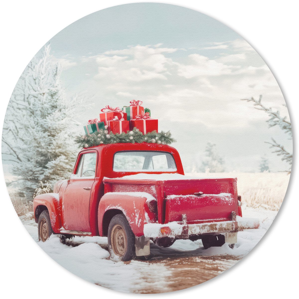 Muismat rond 30x30 cm - Mousepad Auto - Rood - Cadeaus - Winter - Sneeuw - Kerst - Ronde muismatten