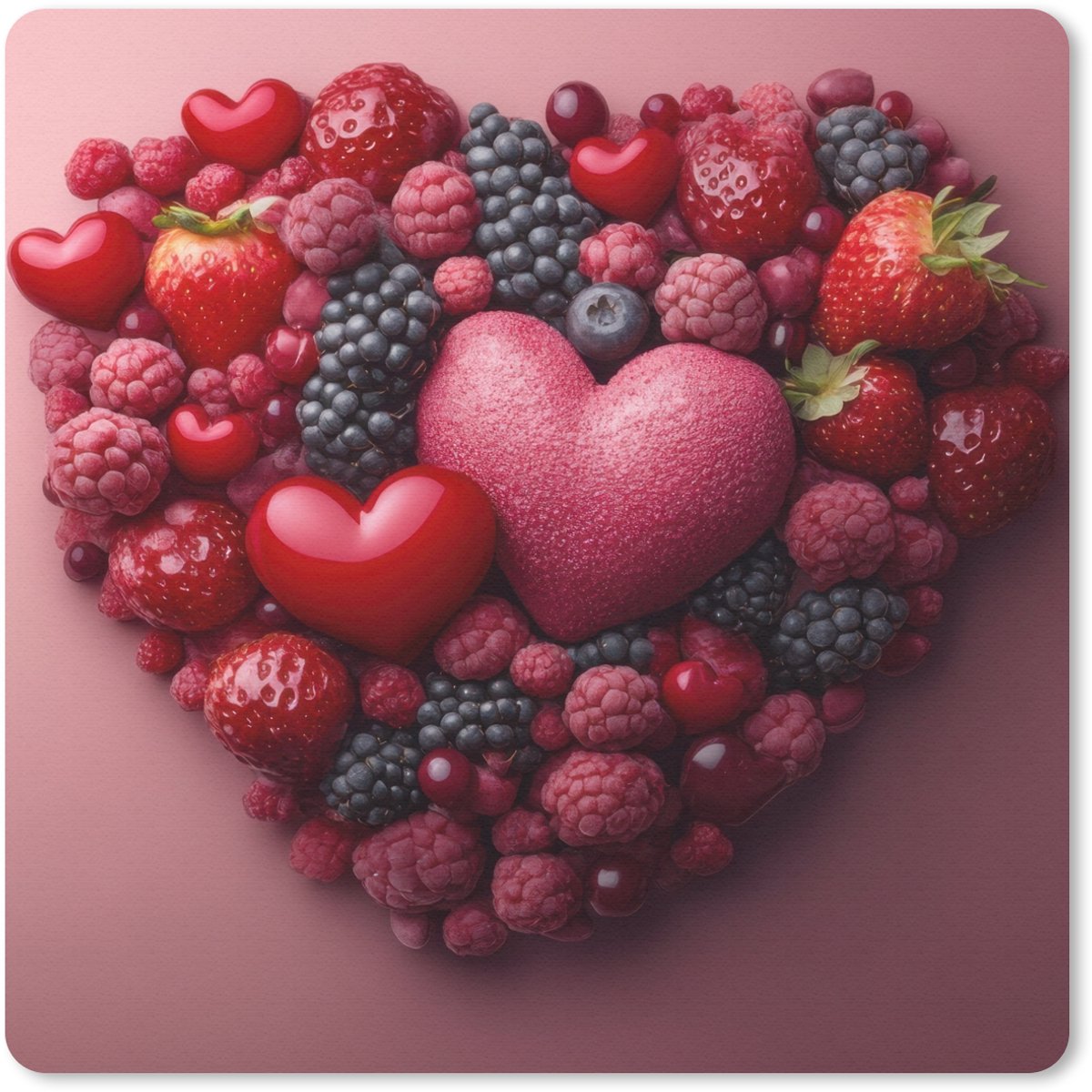 Muismat 20x20 cm - Mousepad Fruit - Hartjes - Aardbeien - Frambozen - Bosbessen - Muismatten