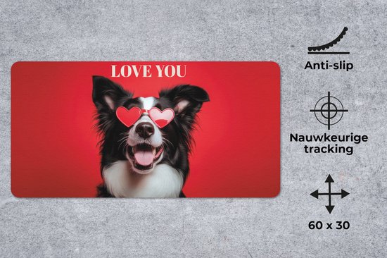 Bureau onderlegger 60x30 cm - Muismat Hond - Hartjesbril - Loveyou - Rood - Bureaulegger xl - Desk mat beschermer - Computer muismatten