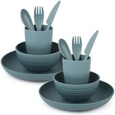 Belle Vous Service de table 3 pièces en plastique pétrole - Composé d'une assiette, d'un bol, d'une tasse et de couverts - Vaisselle incassable et réutilisable pour le camping, le pique-nique et le dîner - Passe au micro-ondes et au lave-vaisselle