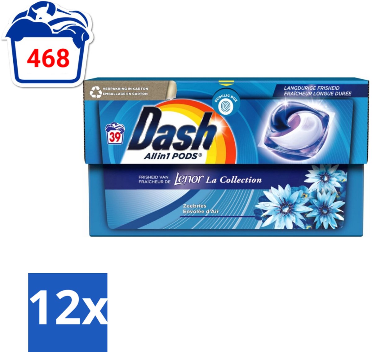 12 x Dash - Lenor Collectie - Wasmiddel Capsules - All-in-1 Pods - Witte en Gekleurde Was - 39 Wasbeurten - Wasmiddel Capsules - Waspoeder - Lenor - Ocean Breeze - Wasverzachter