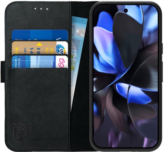 Étui en Cuir véritable Rosso Deluxe pour Google Pixel 9a | Espace pour trois cartes | Étui portefeuille | Avec porte-cartes | Noir