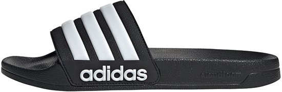 Mule noir avec trois bandes blanches Adidas et logo, vue de côté.