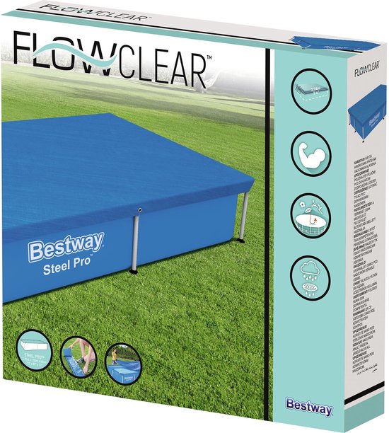 Bestway Flowclear verpakking met een blauw afdekzeil op een rechthoekig zwembad in de tuin.