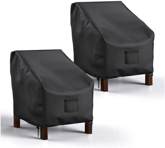 Twee zwarte stoelhoezen, voor buitenmeubilair, met houten poten en trekkoord aan de onderkant.
