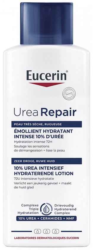 Witte Eucerin Urea Repair lotionfles met blauwe dop. 10% Ureum Intensief Hydraterende Lotion voor zeer droge, ruwe huid.