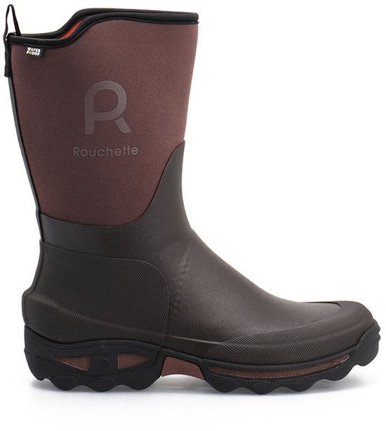 Botte Rouchette marron avec tige en néoprène et pied en caoutchouc. Doublure imperméable.