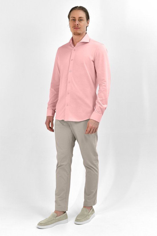 Vercate - Strijkvrij Overhemd - Japanese Knitted - Piqué Katoen - Roze - Slim Fit - Lange Mouw - Heren - Maat 44/XL
