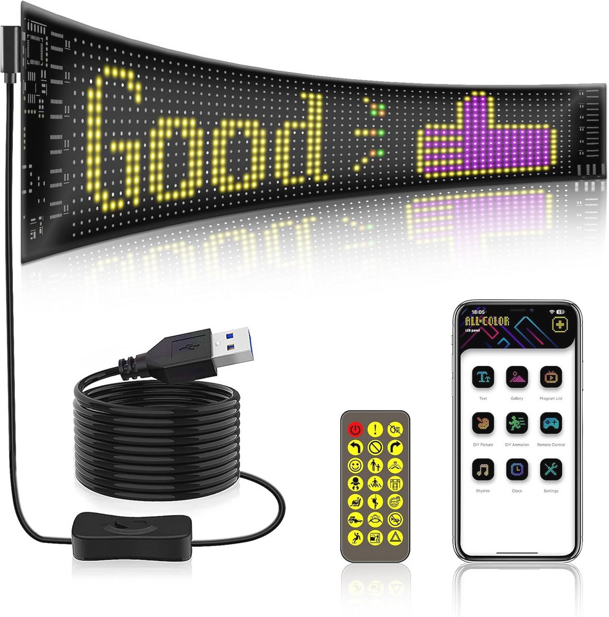 Programmeerbaar LED-Displaybord 37,4 x 9,2 cm - Bluetooth & RGB, Flexibel Scherm voor Lichtreclame