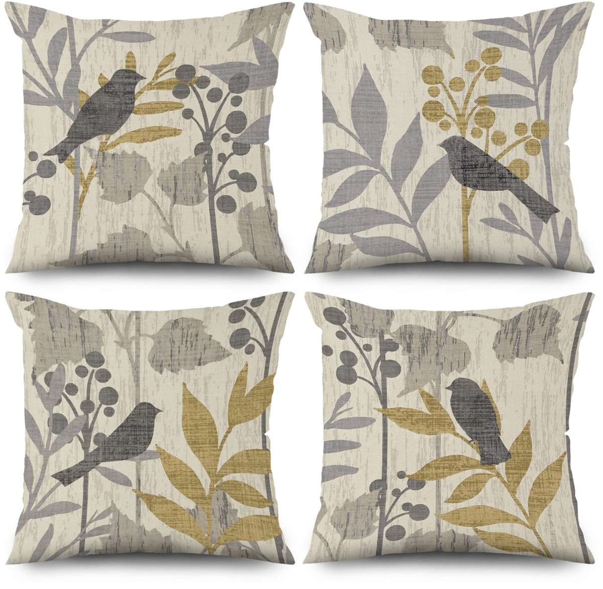 Ibenzoa Kleurrijke Lente Kussenhoezen Set van 4 met Bloemen en Vogelmotieven, 40x40 cm, Grijs Retro bloemen 12