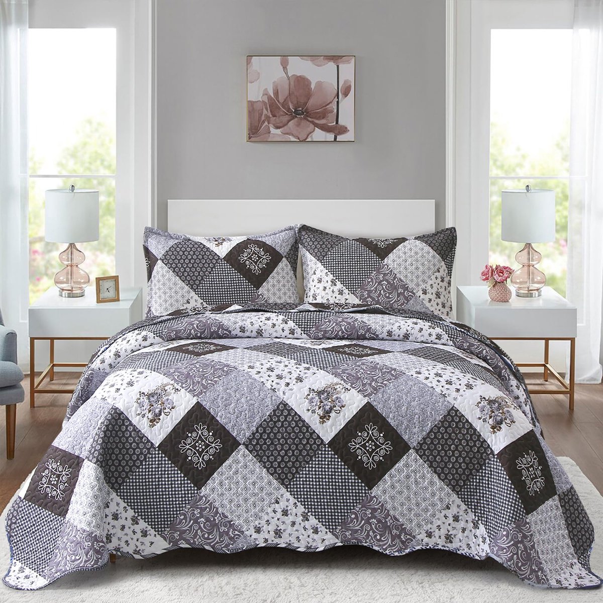 Unyqoos Elegante Patchwork Quilt Sprei Set met Bloemenpatroon en Kussenslopen voor Luxe Slaapcomfort bruin kaki