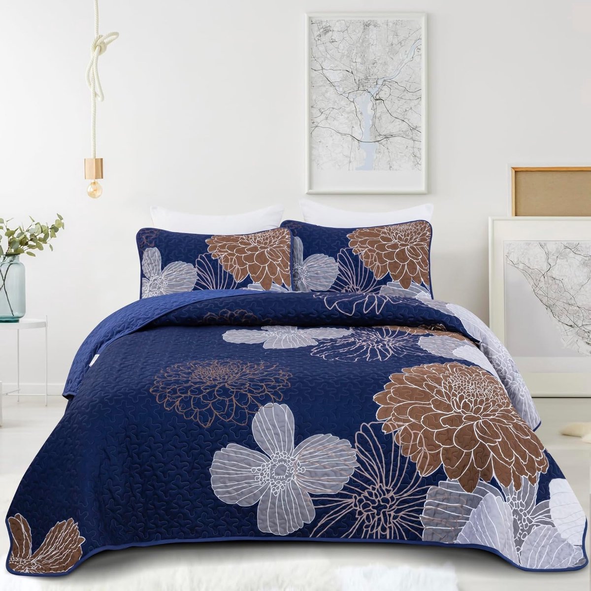 Unyqoos Luxueuze Zomerdeken Set met Bloemenpatroon en Kussenslopen voor Tweepersoonsbed Marineblauw bruin