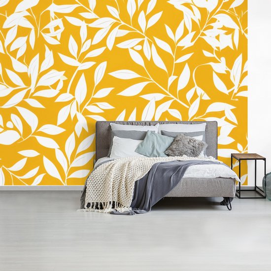 Behang - Fotobehang Bladeren - Takken - Geel - Breedte 350 cm x hoogte 260 cm