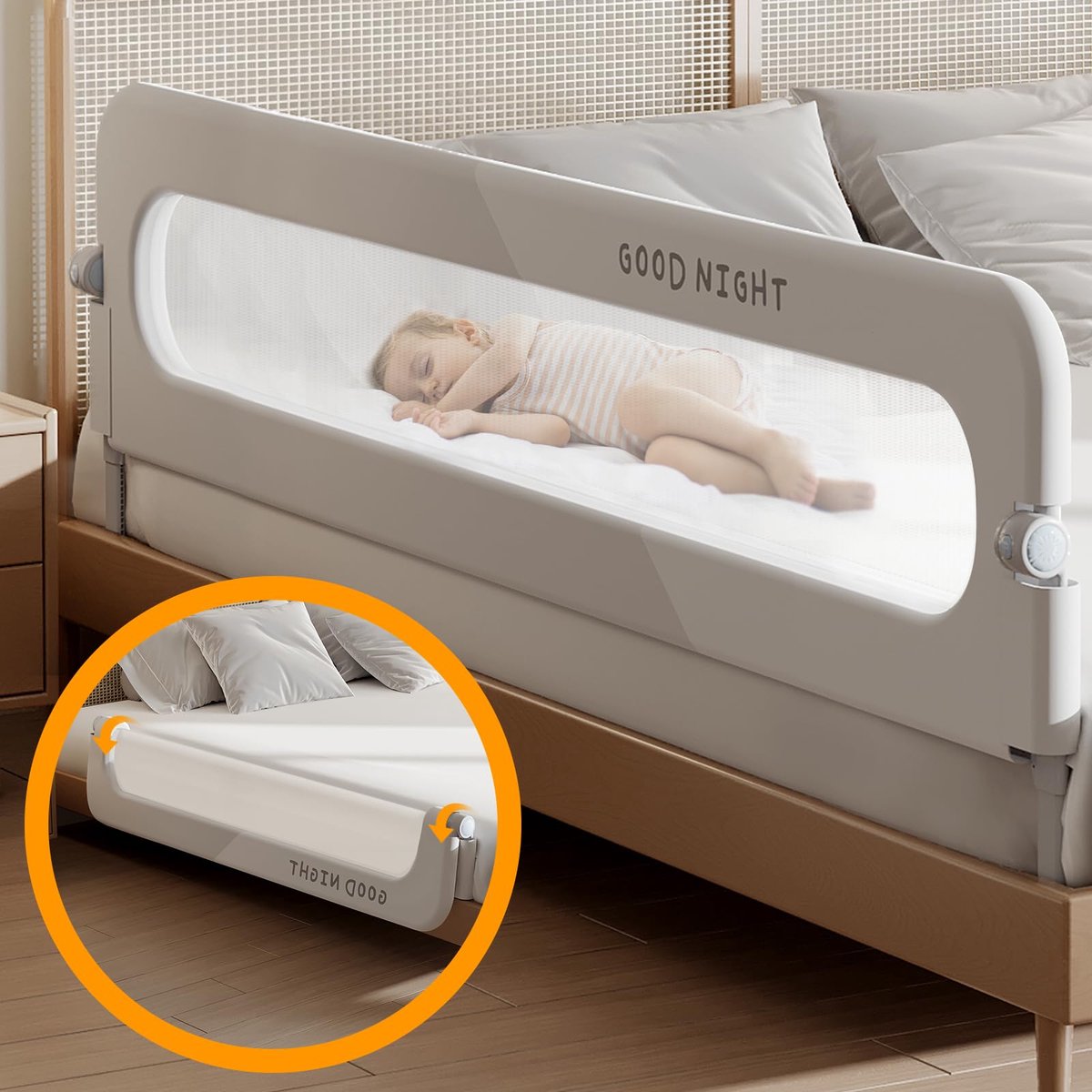 YYchan Opvouwbaar Bedhekje - Extra lang (150 cm) - Grijze Bedzijrail – Veilig en Stijlvol - U-vormig Antislip Schuim met Fixatieband