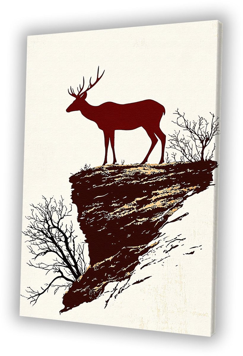 Silhouet van hert op rots - Herten canvas schilderij - Kunstwerk dieren - Silhouet - Klass