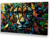 Kleurrijke cheeta met vlinders - Cheeta canvaskunst - Wanddecoratie canvas vlinders - Surrealistisch - Binnenhuisdecoratie - Kunstwerken schilderij - canvas 120x80 cm