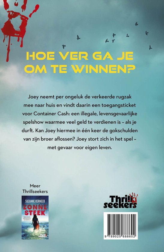 Boekomslag 'Zonne Steek' van Suzanne Vermeer, Thrillseekers. Een bloedrode schedel met vleugels boven de titel.