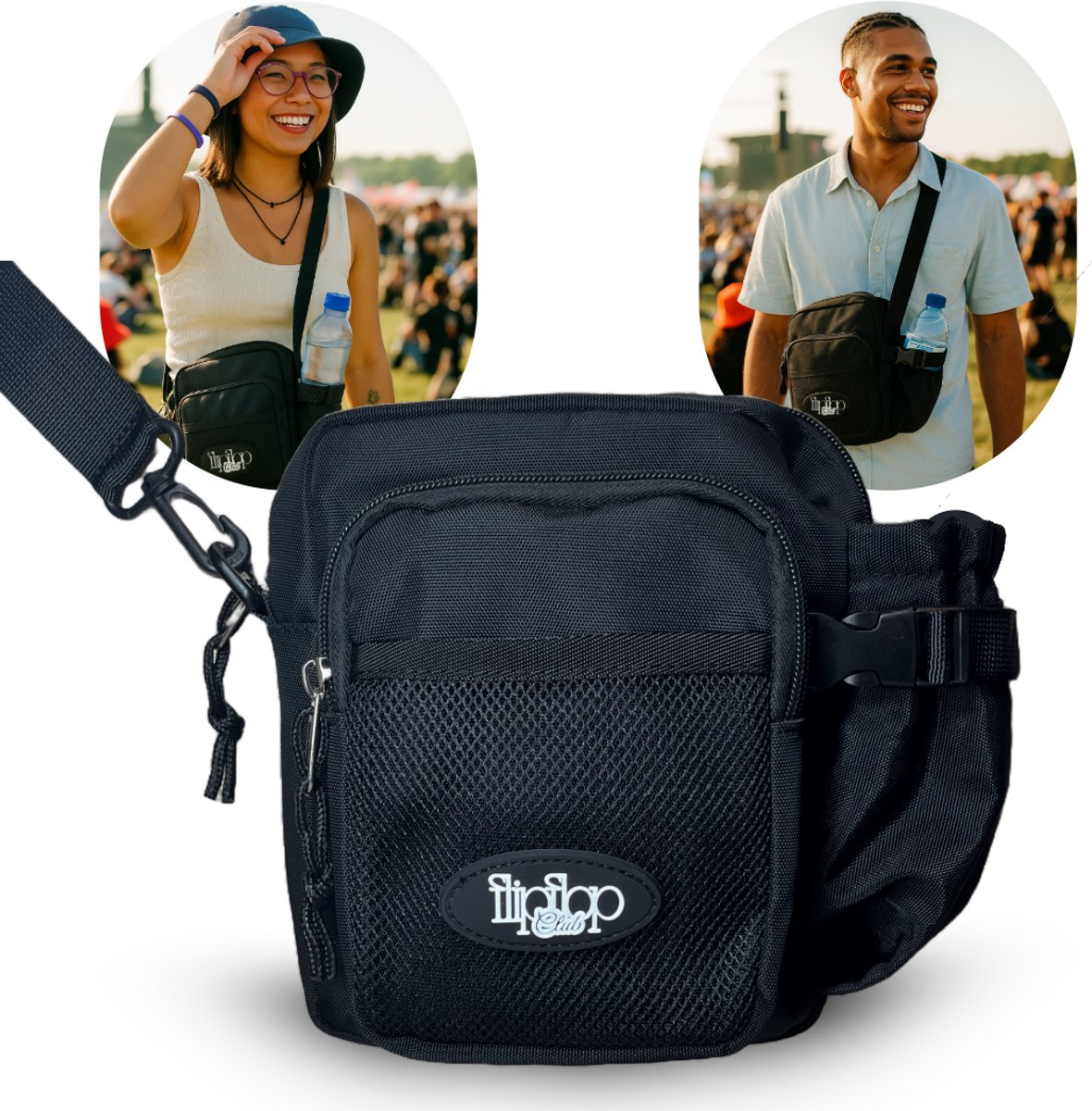 FLIPFLOP CLUB - Telefoontasje met Fles Vakje - Schoudertas - Fanny Pack - Festival - Waterfles - Zwart