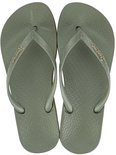 Lichtgroene Ipanema teenslippers met golvend patroon op de zool en merknaam.