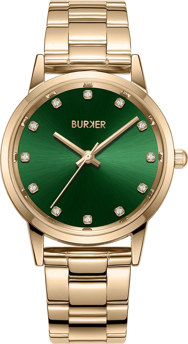 BURKER Amy Horloge Dames - Rond - Goud Groen - Schakelband - Zirkonia - 32mm