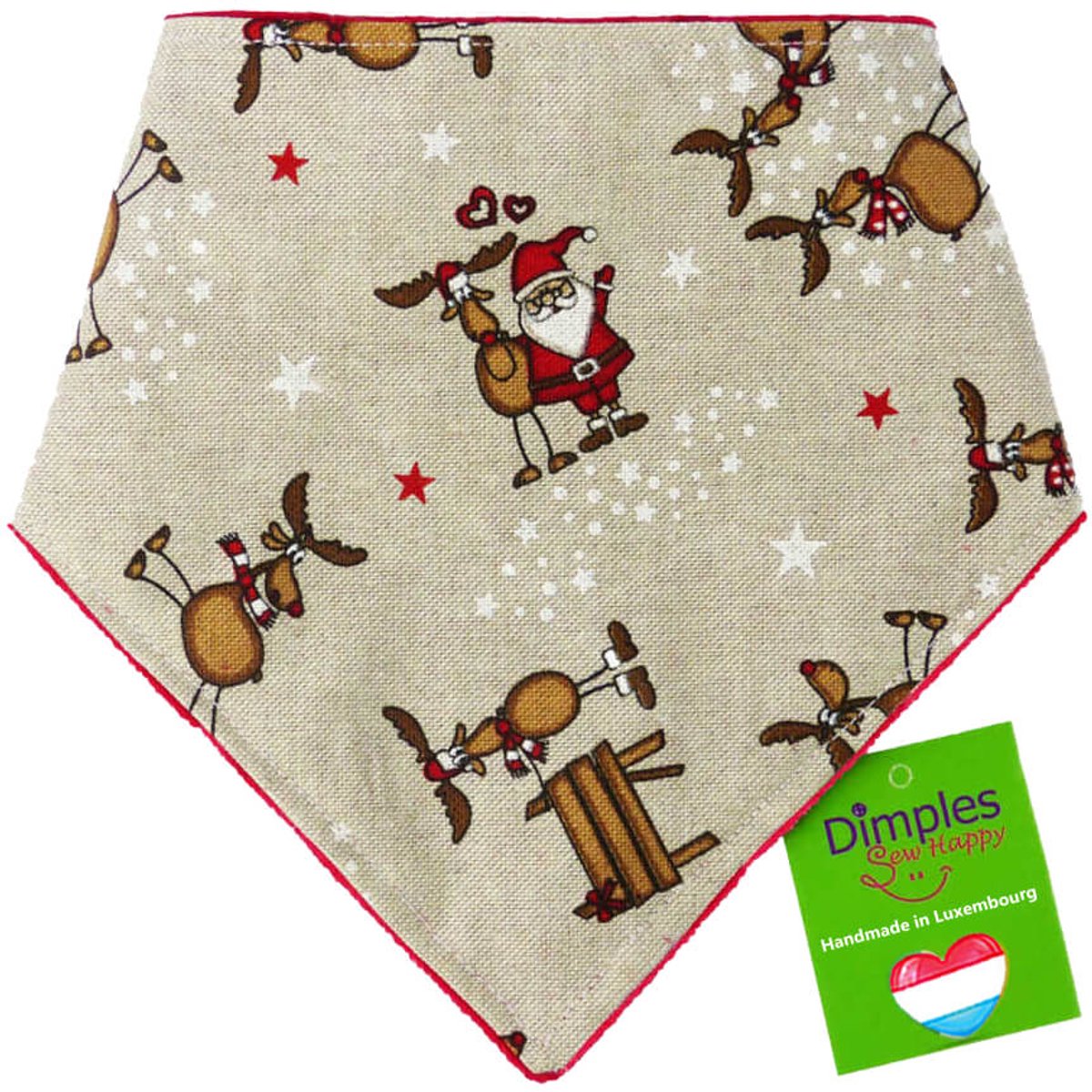 Kerstman en rendier op jute - Kersthond halsdoek - DIMPLES 40cm S hondensjaal hondenbandana met comfortabele drukknopen