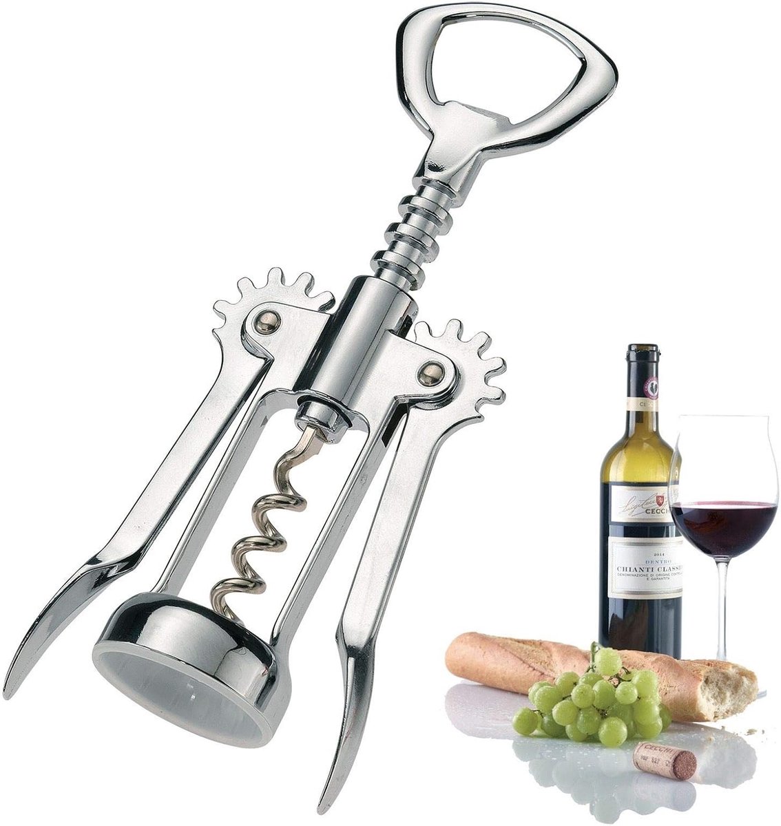 Kurkentrekker hefboomwerking flesopener open spiraal staal verchroomd 60202270