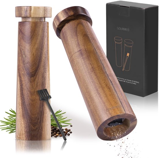 Ensemble moulin à sel et poivre GOURMEO - Moulin à sel et poivre rechargeable - Protège de la lumière et de l'humidité - Moulin à épices - Degré de mouture réglable - En bois d'acacia