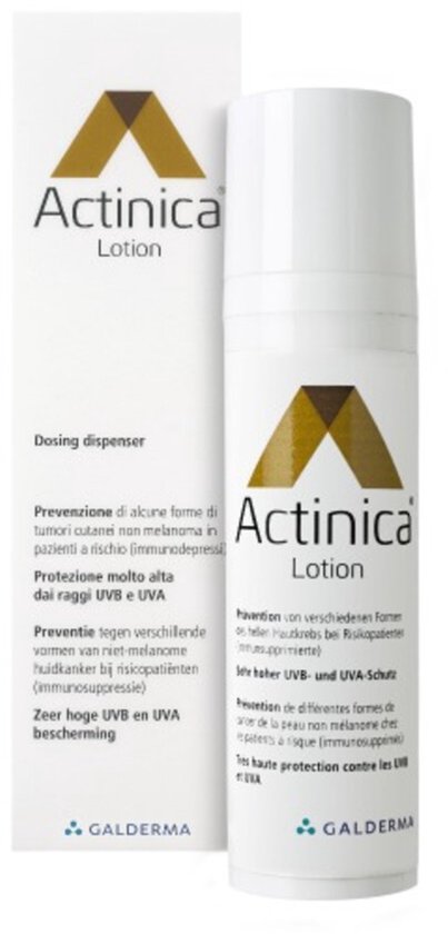 Actinica Lotion flacon en verpakking met tekst.