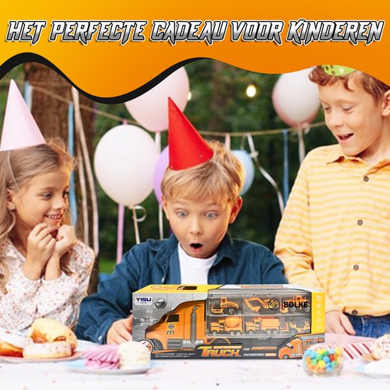 Kinderen vieren feest met een Bolke vrachtwagen met speelgoed bouwvakkers en voertuigen, in een verpakking.