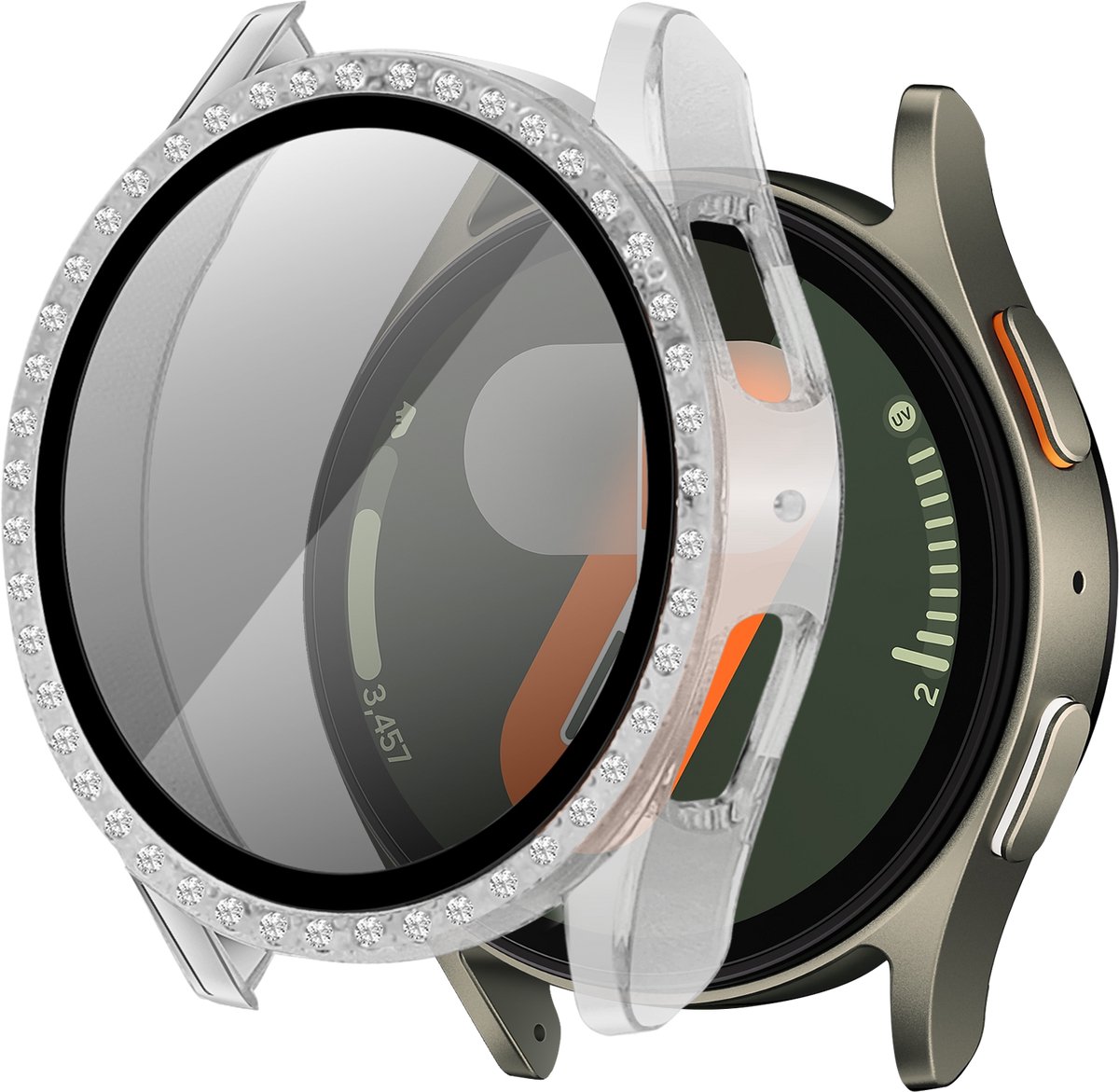 Bandz Diamond hoesje met screenprotector geschikt voor Samsung Galaxy Watch 7 - 44mm case - hardplastic beschermhoes - glazen screen protector - Full cover case + screenprotector (transparant)