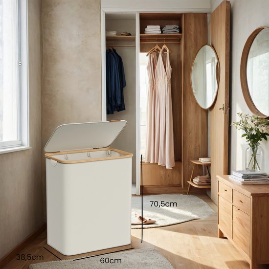 Songmics 100l Wasmand Bamboe Opvouwbare Wasbox Met 2 Compartimenten