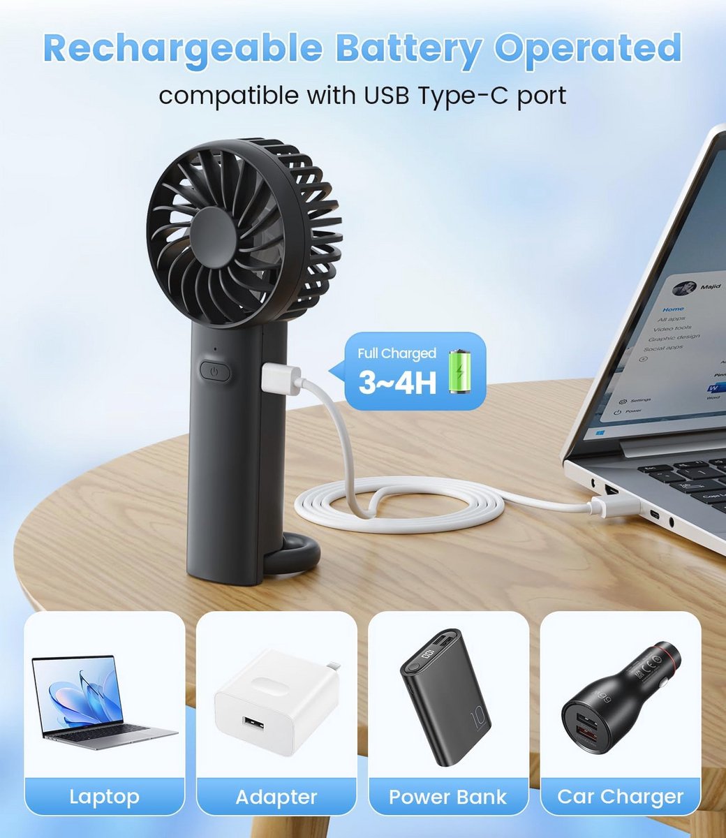 Draagbare USB Oplaadbare Handventilator met 3 Snelheden - Stille Mini Bureauventilator voor Thuis en Kantoor
