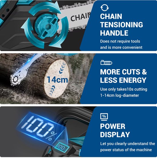 12V Accu Kettingzaag 12 Inch - 1200W Brushless Motor met LCD-display - Lichtgewicht Boomzaag voor Hout, Tuin & Brandhout - Incl. 2 Accu’s van VONROC — afbeelding 3