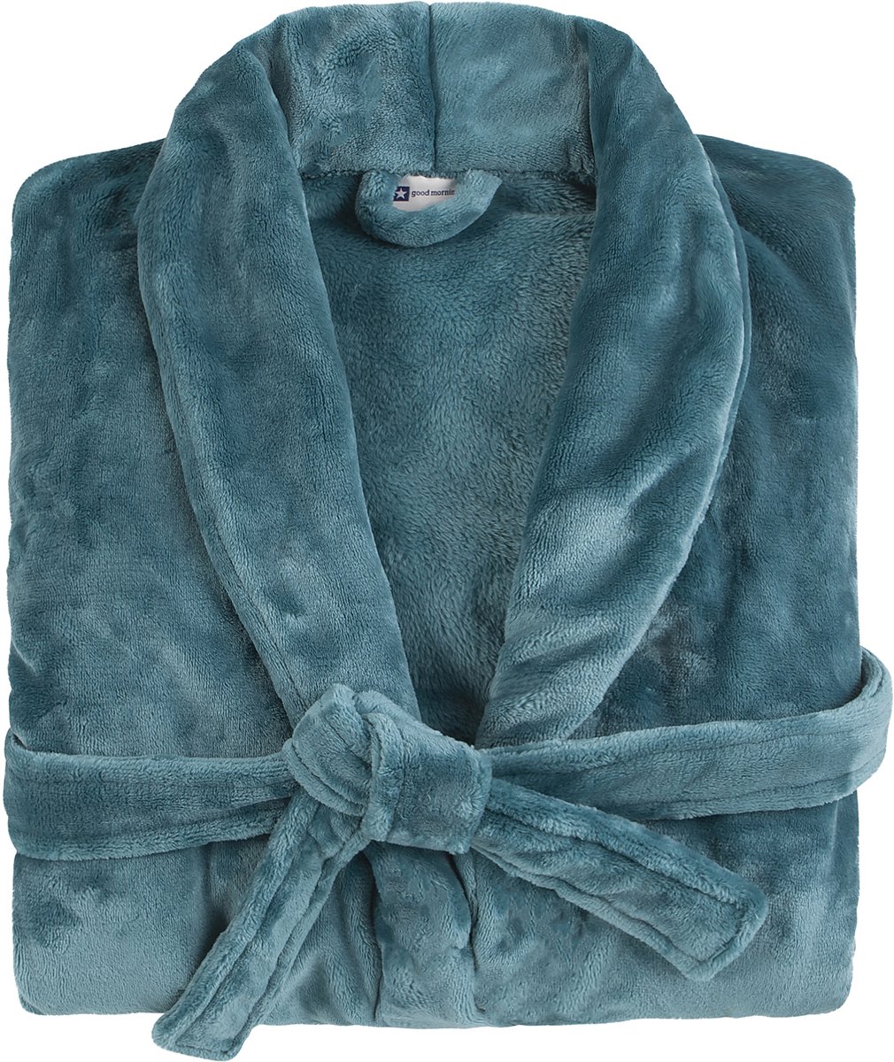 Good Morning badjas effen kleur - M/L - Petrol - 100% Polyester flanel