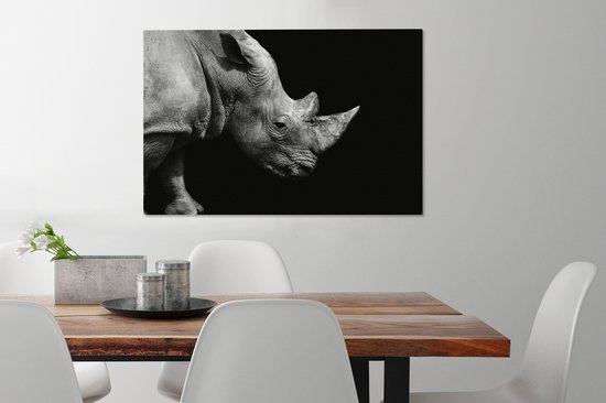 Peintures sur toile - Portrait photo rhinocéros sur fond noir en noir et blanc - 60x40 cm - Décoration murale
